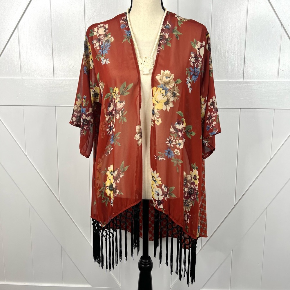 West Kei Deep Orange Boho Floral/Patterned Fringe Kimono